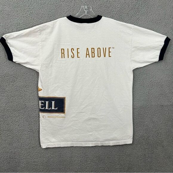 VTG 90s Martell Cognac Wrap Print XL Rise Above White Navy Ringer Tee - Picture 5 of 12